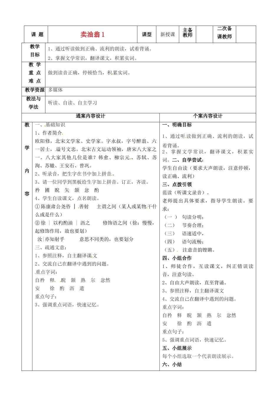 七年级语文上册 第28课《卖油翁》教案（1） 鲁教版五四制-鲁教版五四制初中七年级上册语文教案_第1页