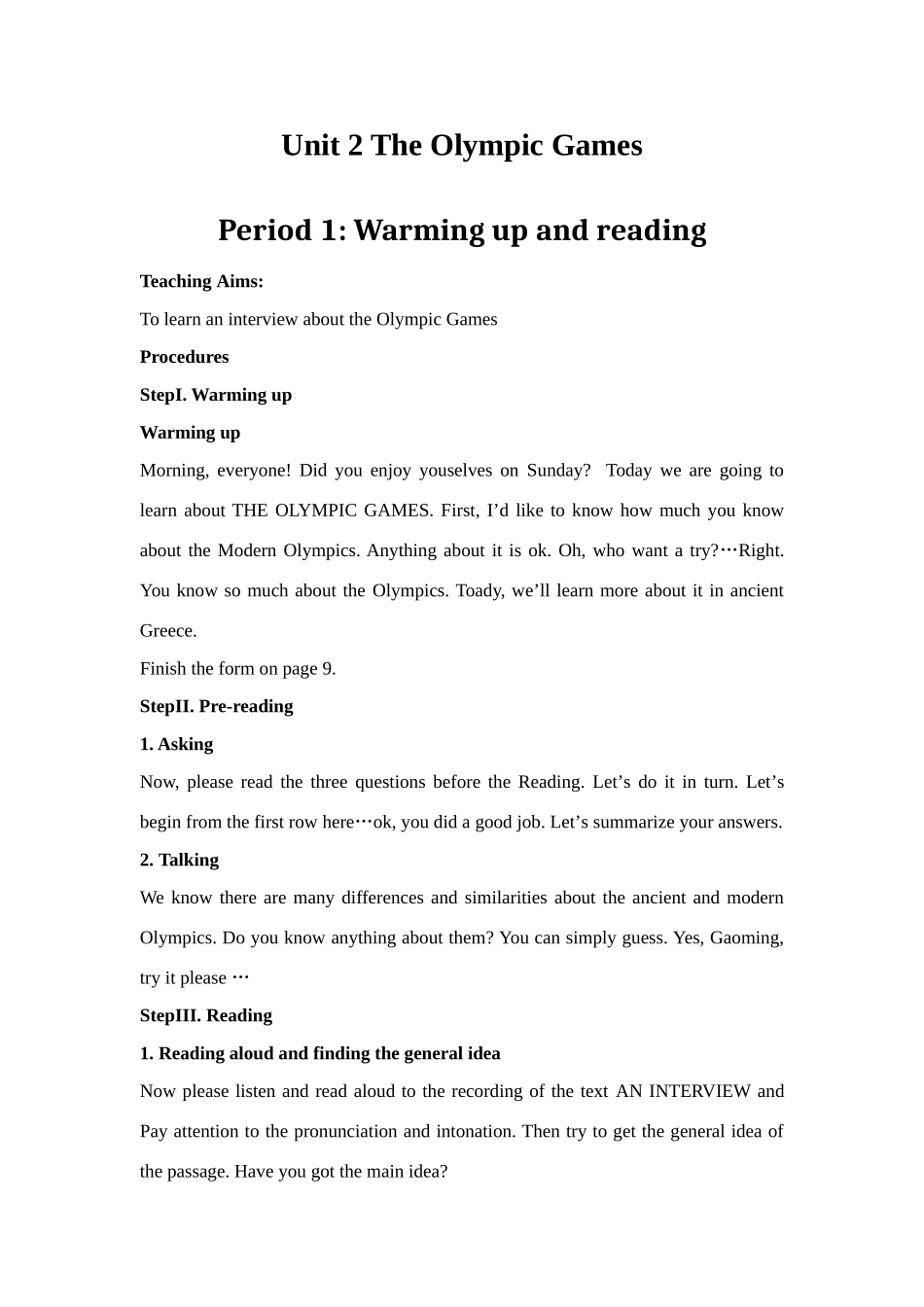 高中英语Unit 2 The Olympic Games Warming up and reading 教案人教版必修二_第1页