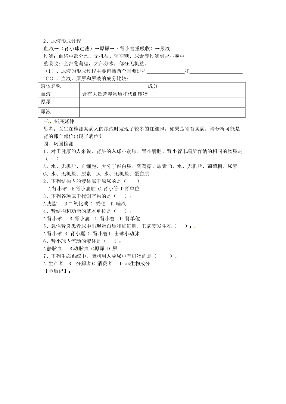 山东省胶南市隐珠街道办事处中学七年级生物下册《第五章 人体内废物的排出》学案（无答案） 人教新课标版_第2页