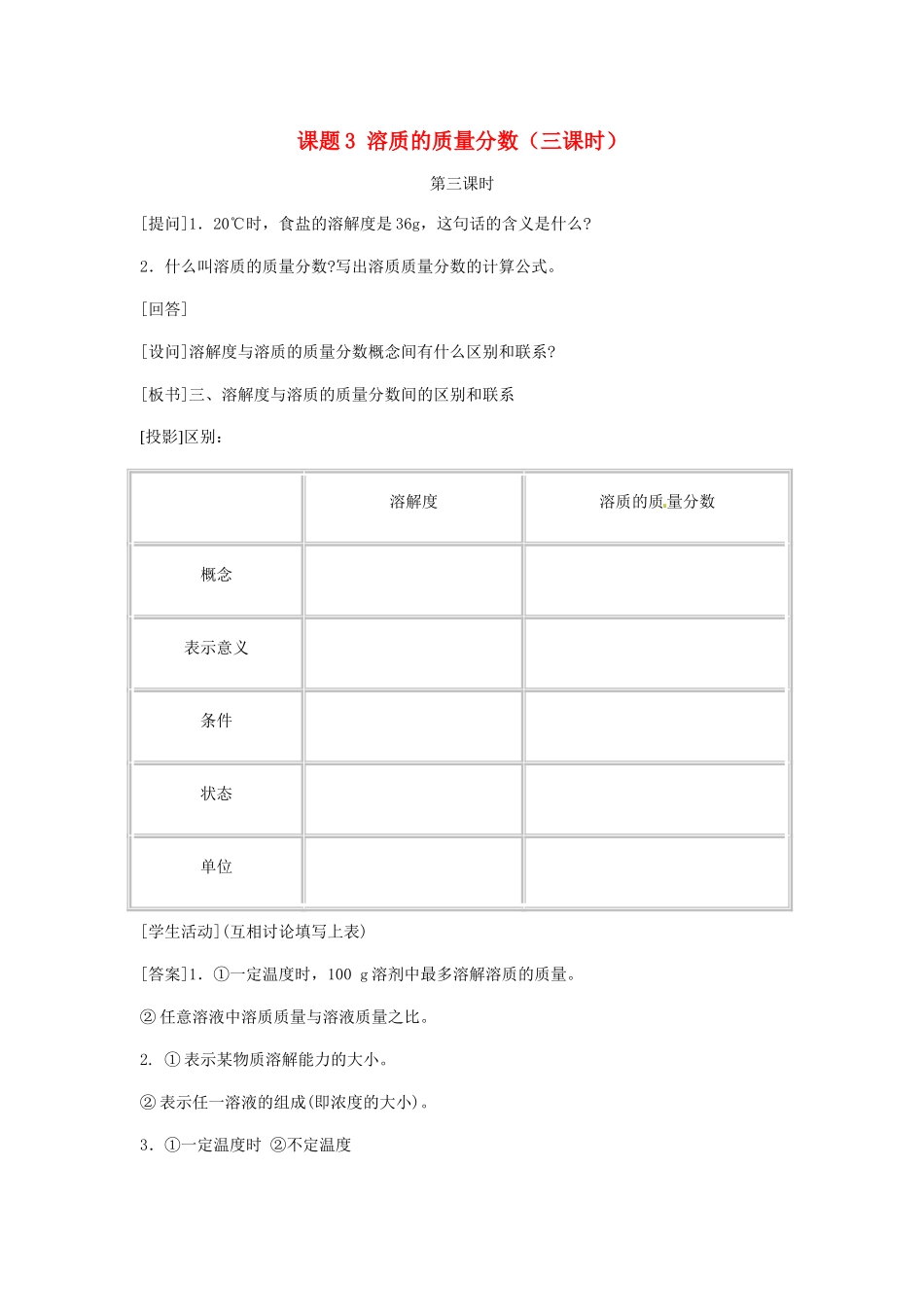 九年级化学下册 第九单元 溶质的质量分数教案（第三课时）人教新课标版_第1页