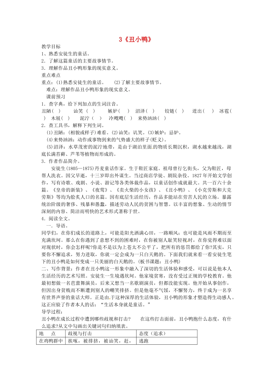 湖南省株洲县渌口镇中学七年级语文下册《第3课 丑小鸭》教学设计 新人教版_第1页