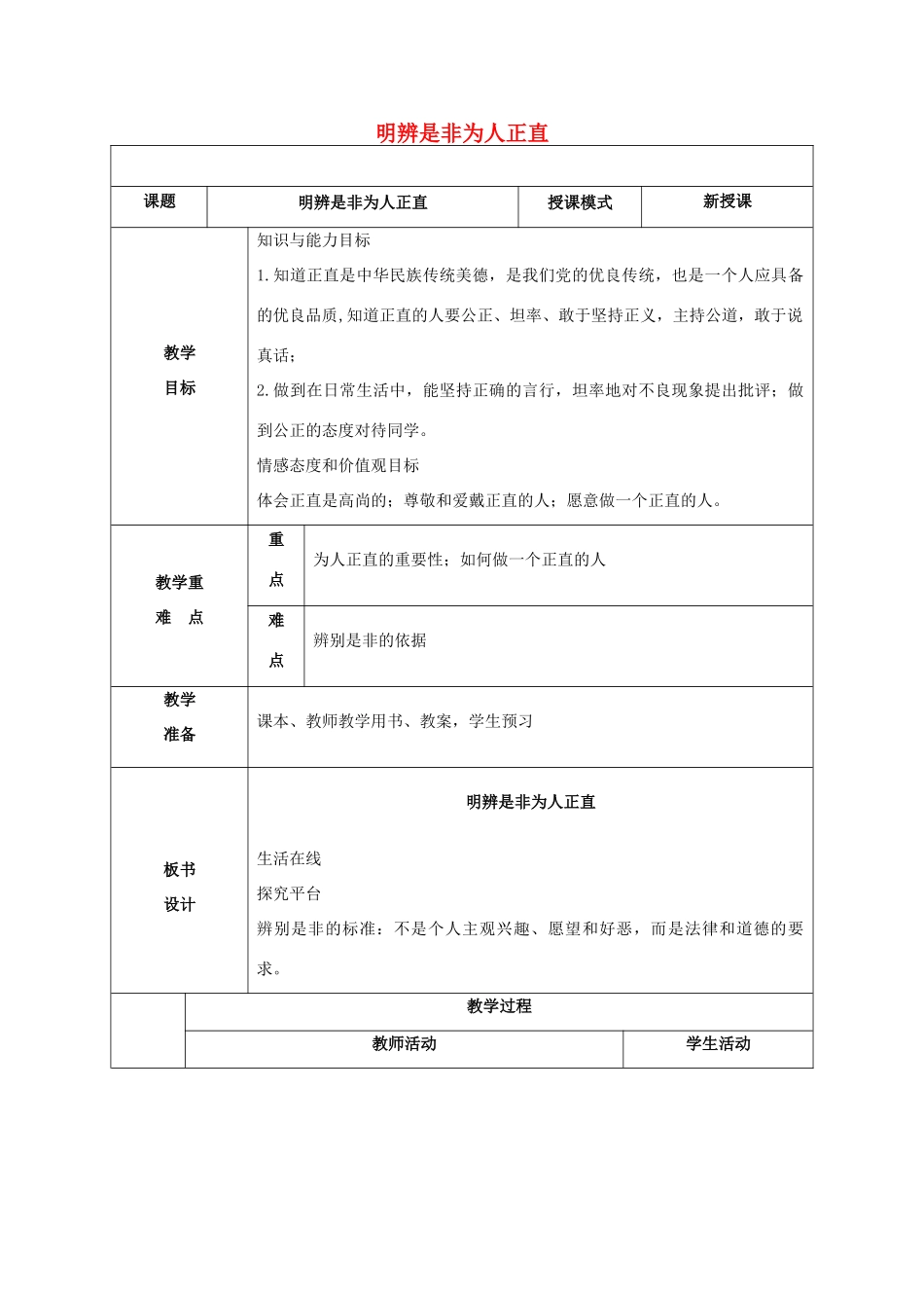 贵州省贵阳市八年级政治下册 第四单元 分清是非 第11课 心中要有杆“秤”第3框 明辨是非 为人正直教案2 苏教版-苏教版初中八年级下册政治教案_第1页