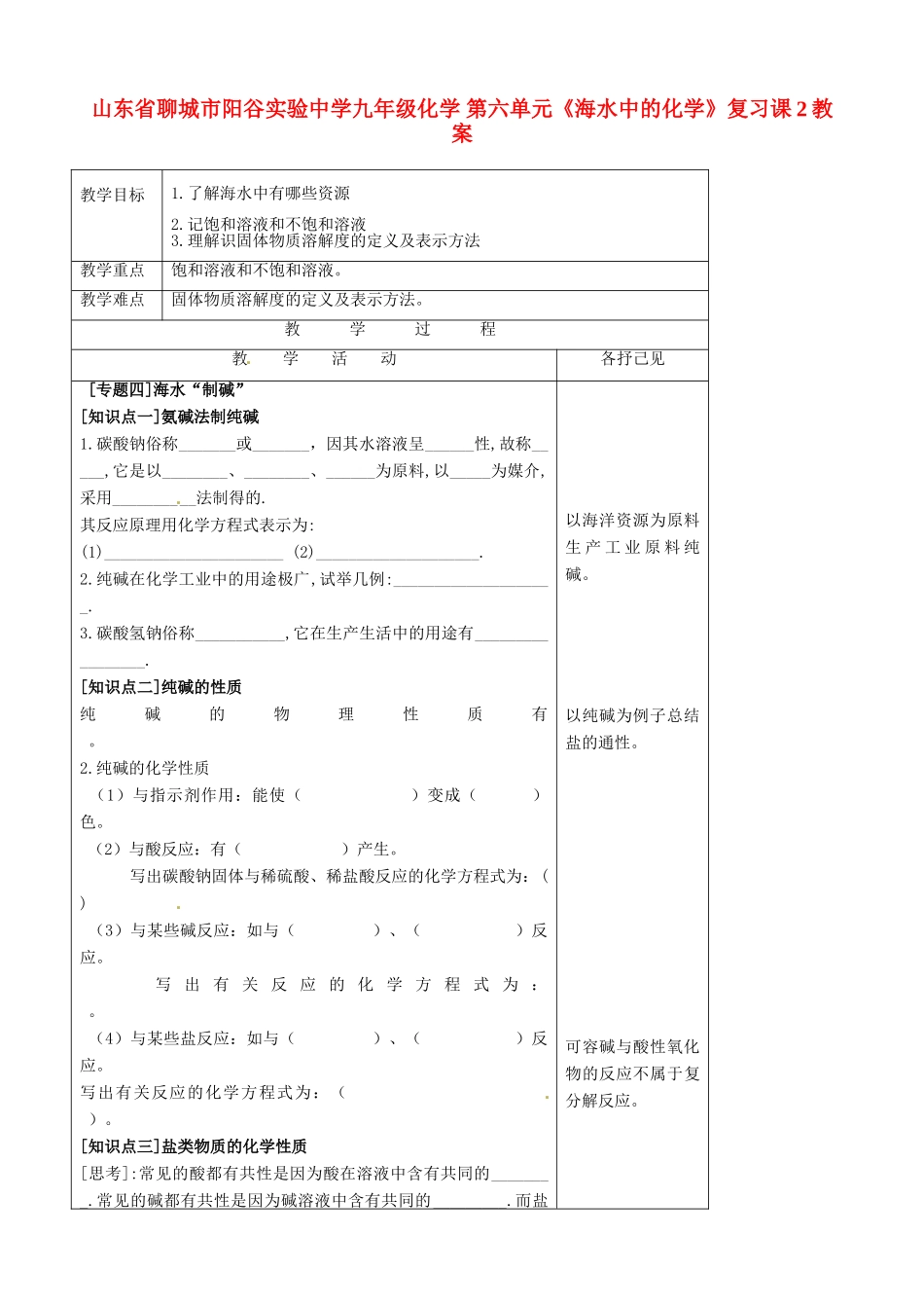 山东省聊城市阳谷实验中学九年级化学 第六单元《海水中的化学》复习课2教案_第1页