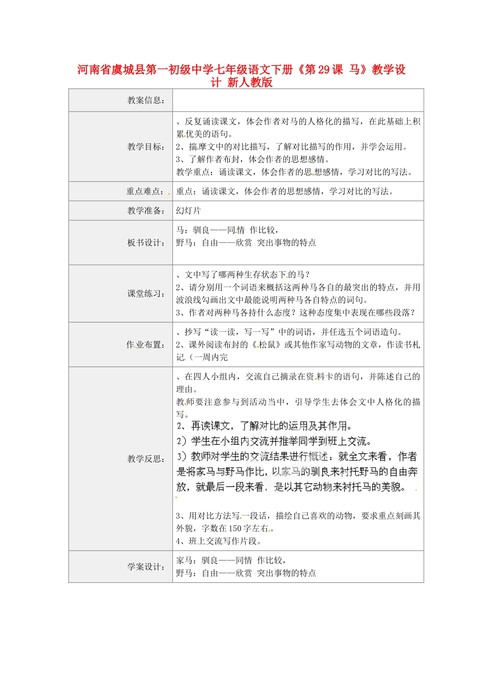 河南省虞城县第一初级中学七年级语文下册《第29课 马》教学设计 新人教版_第1页
