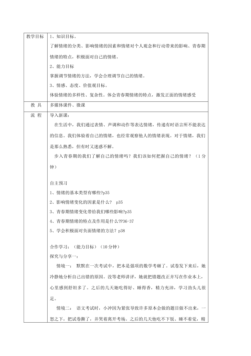 七年级道德与法治下册 第二单元 做情绪情感的主人 第四课 揭开情绪的面纱 4.1 青春的情绪教学设计 新人教版-新人教版初中七年级下册政治教案_第2页