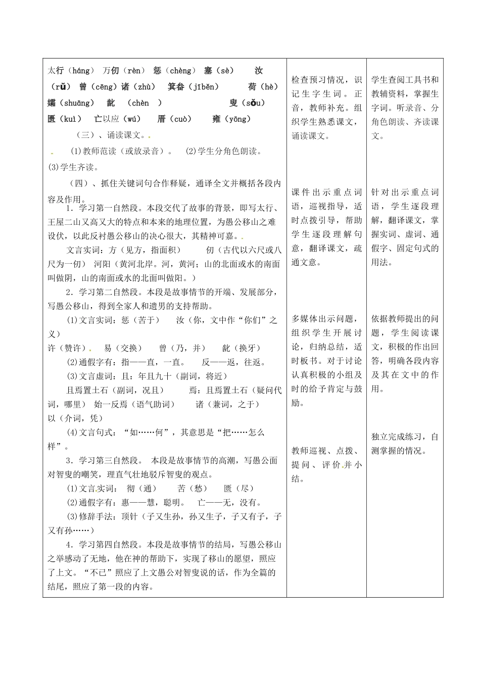 甘肃省酒泉市瓜州县第二中学七年级语文下册 第六单元 第一课《愚公移山》第一课时教案 北师大版_第3页