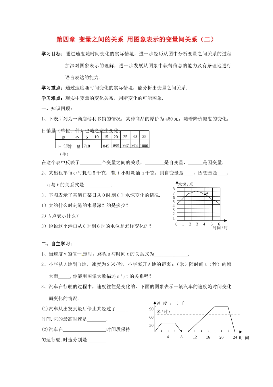 江西省金溪县第二中学七年级数学下册 第四章 变量之间的关系 用图象表示的变量间关系导学案（二）（无答案）（新版）北师大版_第1页
