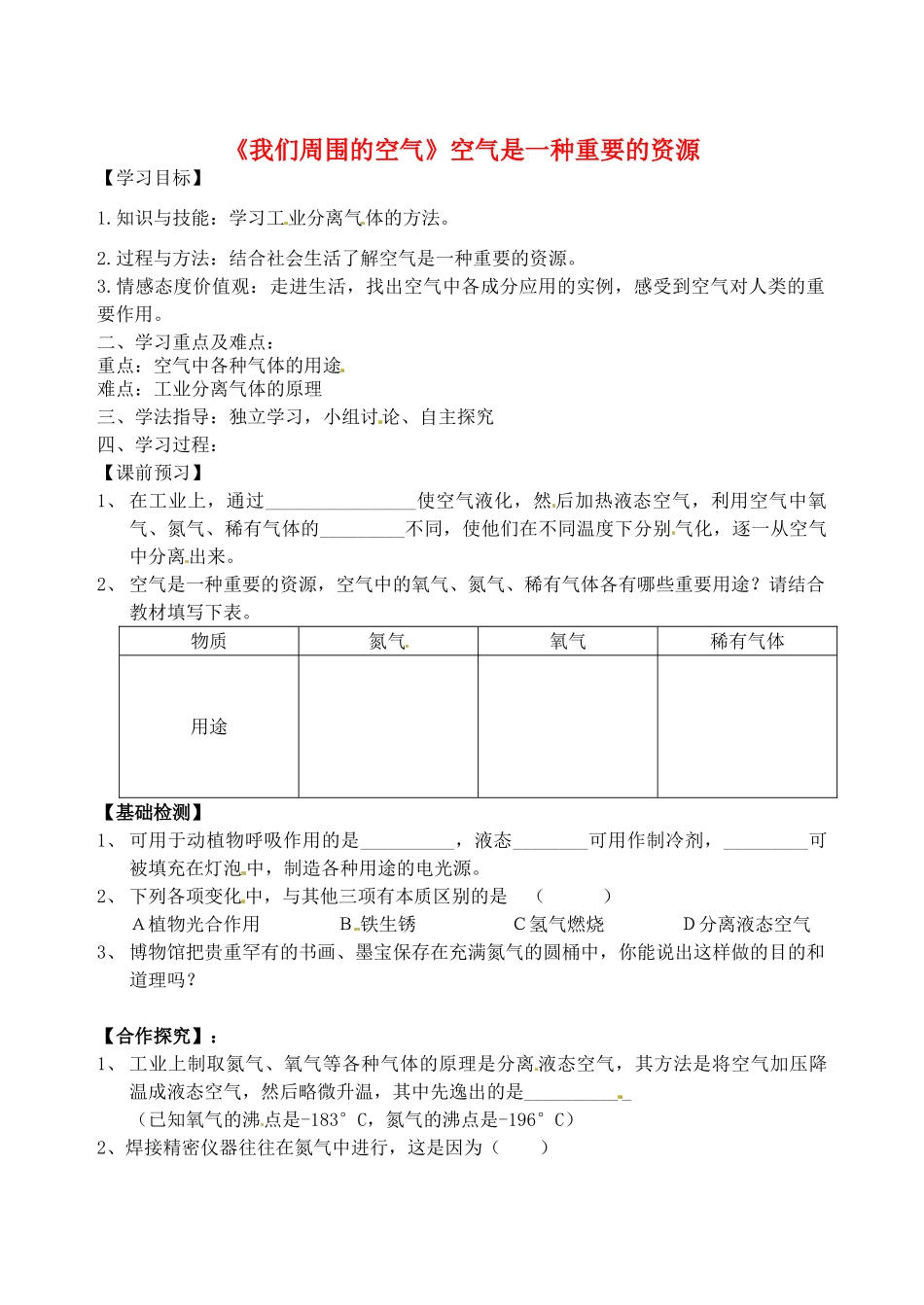 山东省烟台市黄务中学八年级化学全册 第四单元《我们周围的空气》空气是一种重要的资源导学案（无答案） 鲁教版五四制_第1页