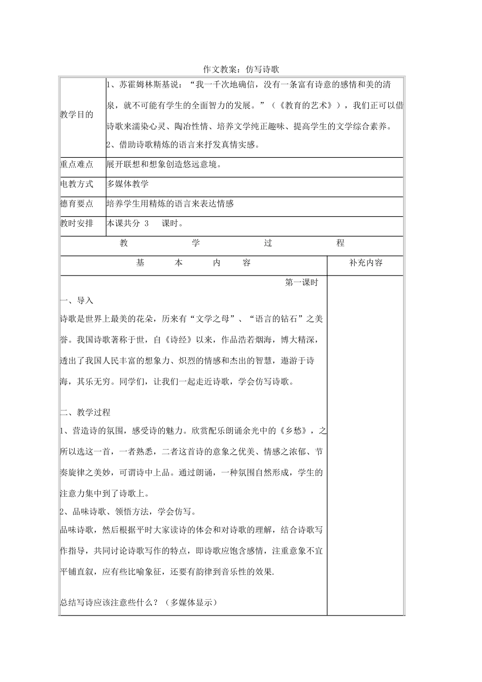 七年级语文下册 第四单元 写作《仿写诗歌》教案 语文版-语文版初中七年级下册语文教案_第1页