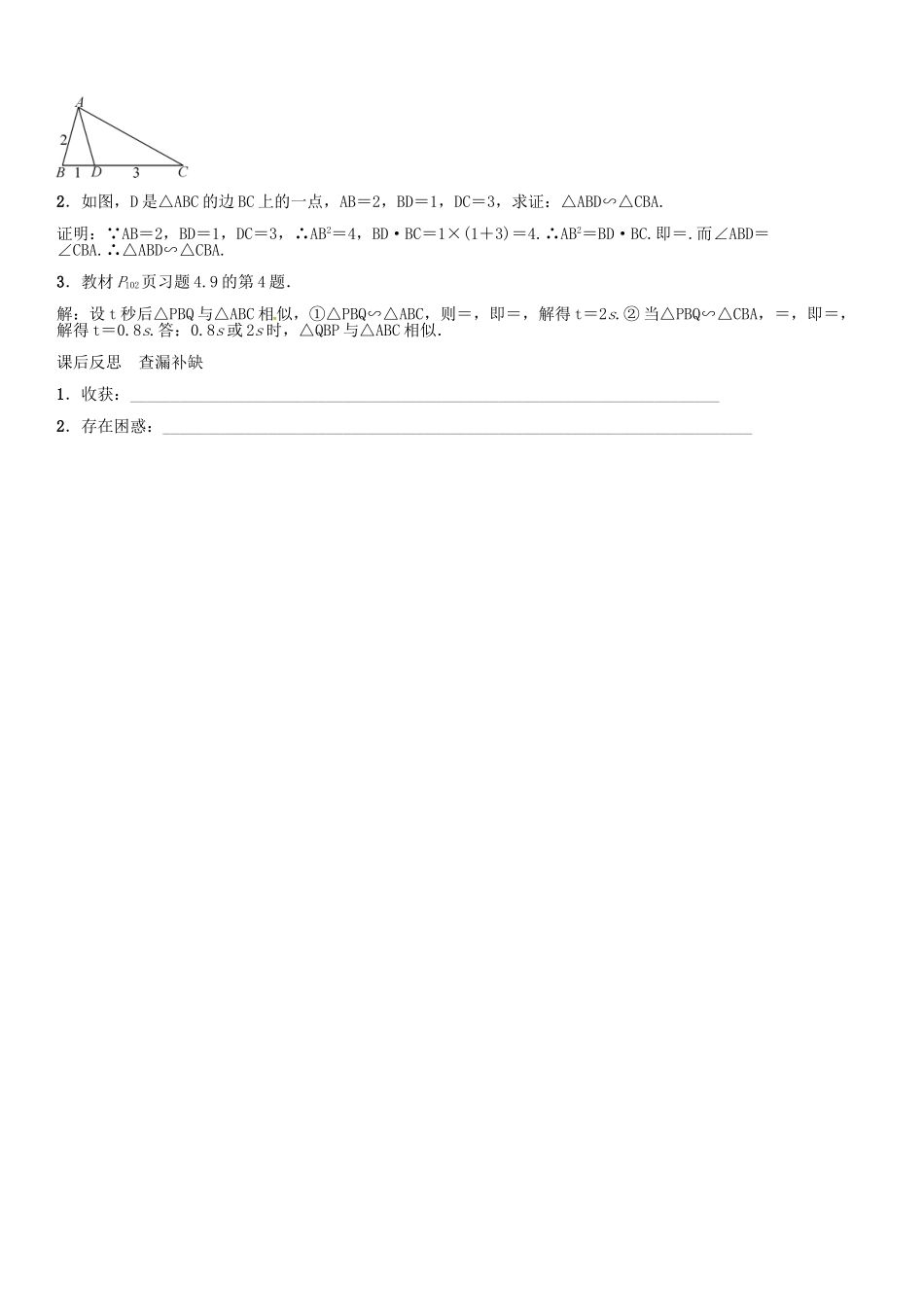 秋九年级数学上册 4.5 相似三角形判定定理的证明导学案 （新版）北师大版-（新版）北师大版初中九年级上册数学学案_第3页