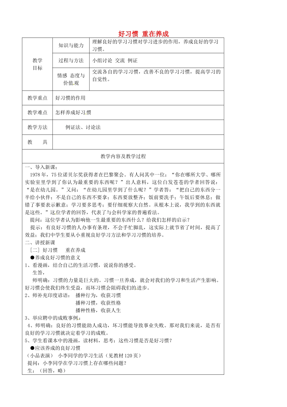 江苏省太仓市第二中学七年级政治上册《第十三课 第二框 好习惯 重在养成》教案 苏教版_第1页