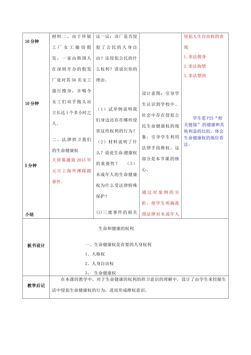 吉林省双辽市八年级政治下册 第二单元 我们的人身权利 第三课 生命健康权与我同在 第1框 生命和健康的权利教案 新人教版-新人教版初中八年级下册政治教案_第2页