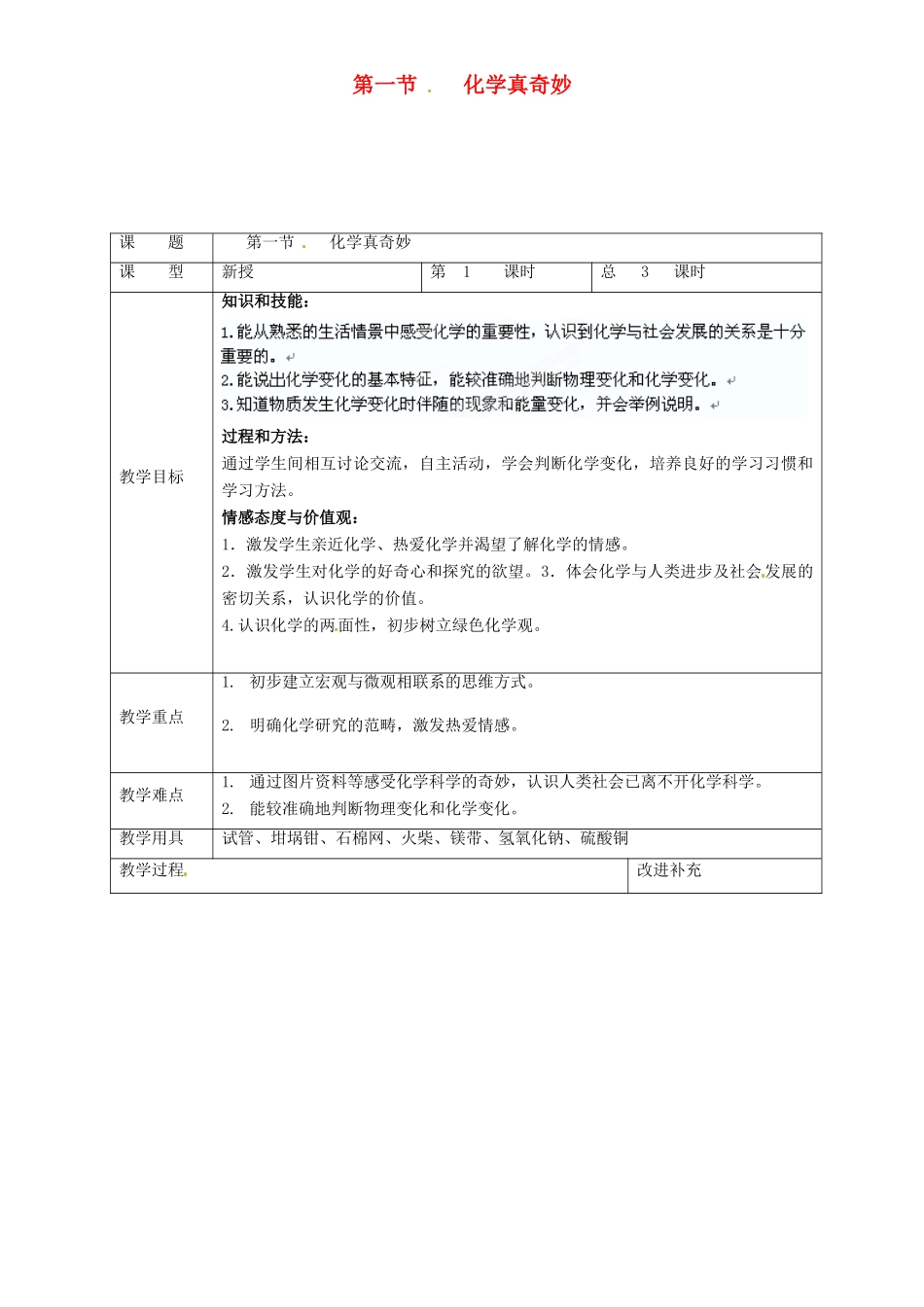山东省滕州市大坞镇大坞中学九年级化学全册 第一节 化学真奇妙教案 鲁教版_第1页