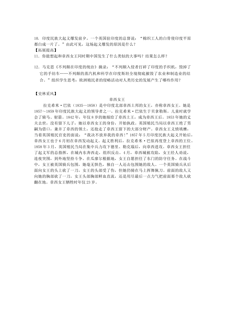 九年级历史上册 第21课 印度的殖民化和印度人民的抗英斗争教案1 华东师大版_第3页