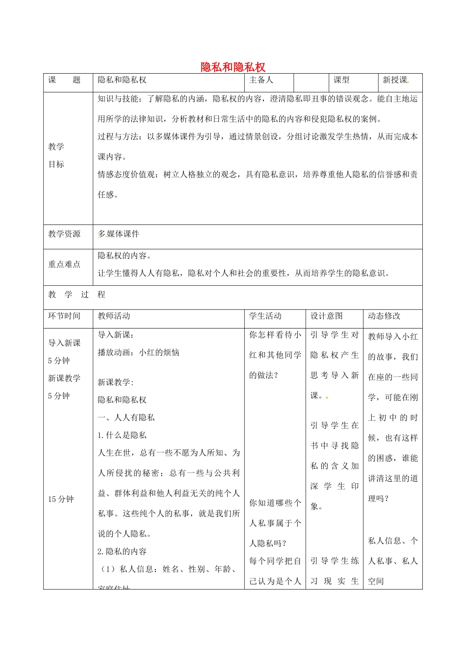 吉林省双辽市八年级政治下册 第二单元 我们的人身权利 第五课 隐私受保护 第1框 隐私和隐私权教案 新人教版-新人教版初中八年级下册政治教案_第1页