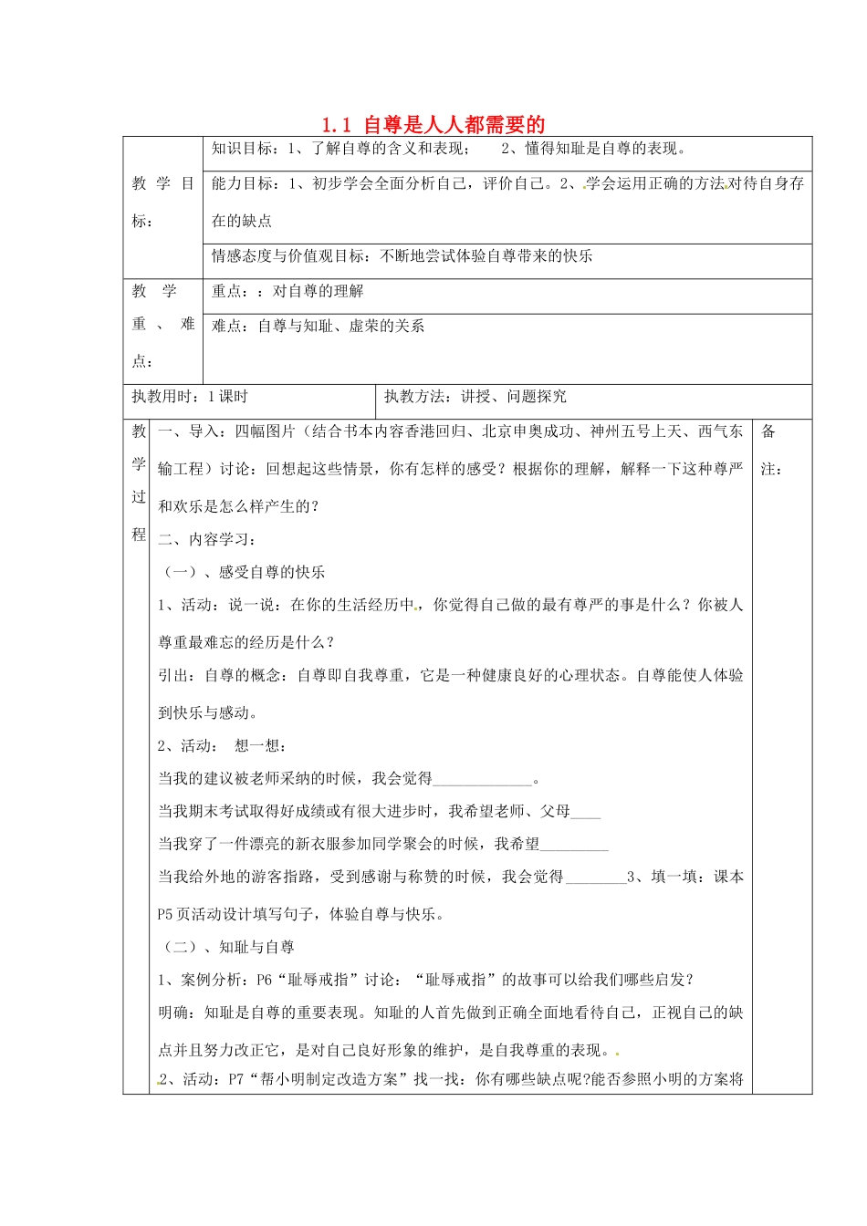 湖北省北大附中武汉为明实验学校七年级政治下册 1.1 自尊是人人都需要的教案 新人教版_第1页