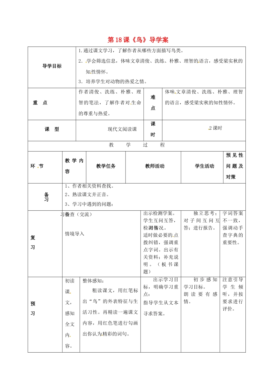 （秋季版）吉林省通化市七年级语文上册 第五单元 18 鸟学案 新人教版-新人教版初中七年级上册语文学案_第1页