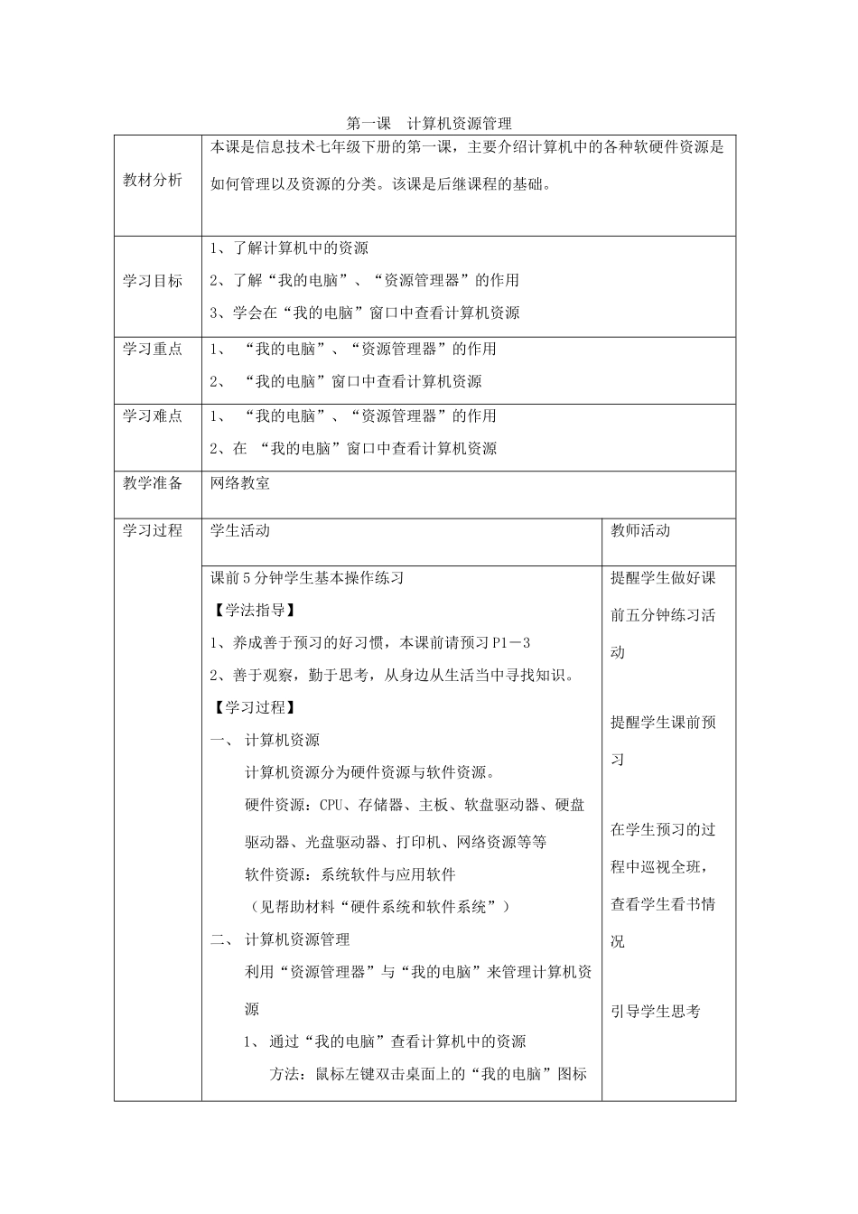 四川省七年级信息技术下册 第1课《计算机资源管理》教学案 新人教版_第1页