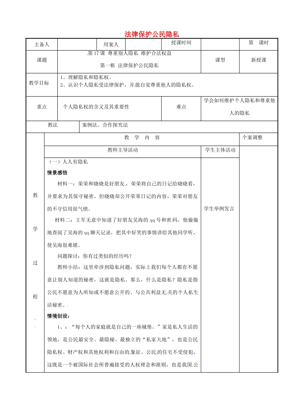 江苏省新沂市八年级政治下册 第五单元 与法同行 第17课 尊重别人隐私 维护合法权益 第一框 法律保护公民隐私法律保护公民隐私教案 苏教版-苏教版初中八年级下册政治教案_第1页