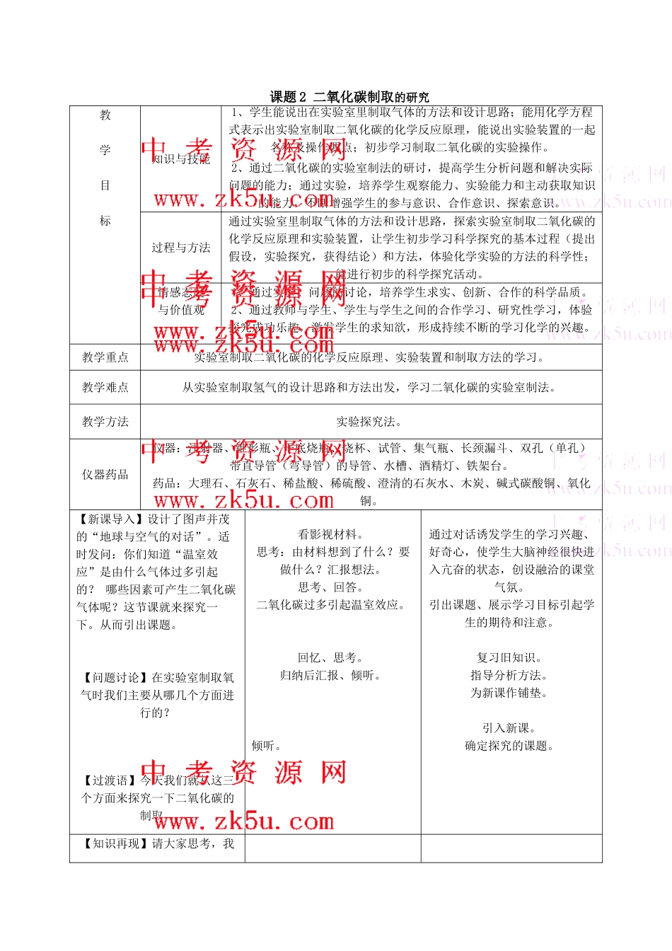九年级化学上：第六单元课题2 二氧化碳制取的研究教案（人教新课标）_第1页