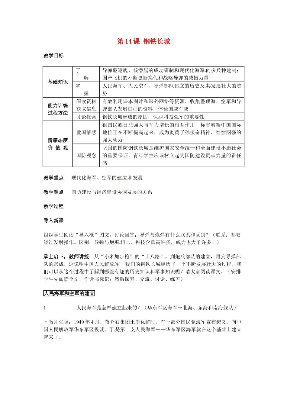 八年级历史下册 5.14《钢铁长城》教案 人教新课标版_第1页