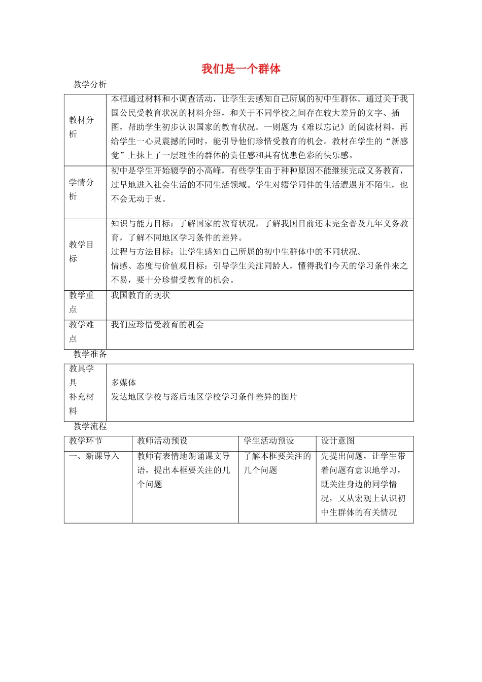七年级道德与法治上册 第一单元 走进新天地 第一课 新天地 新感觉 第2框 我们是一个群体教学设计 人民版-人民版初中七年级上册政治教案_第1页