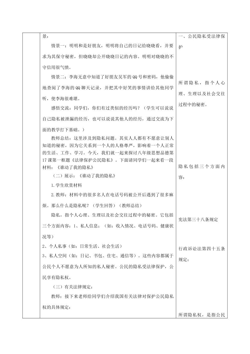 八年级政治下册 第五单元 与法同行 第17课 尊重别人隐私 维护合法权益 第一框 法律保护公民的隐私教案 苏教版-苏教版初中八年级下册政治教案_第2页