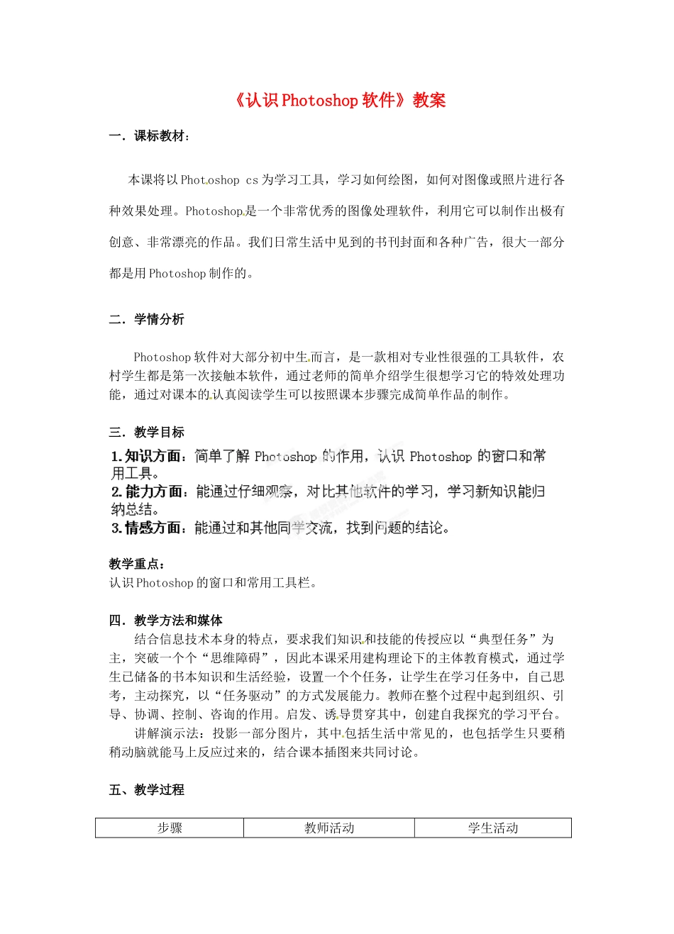 江苏省扬中市外国语中学初中信息技术《认识Photoshop软件》教案_第1页