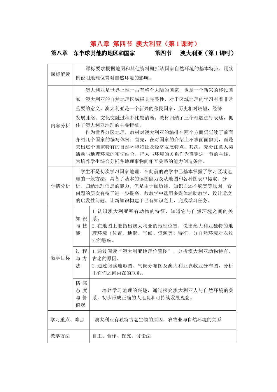 江苏省盐城市盐都县郭猛中学七年级地理下册 第八章 第四节 澳大利亚（第1课时）教学设计 （新版）新人教版_第1页
