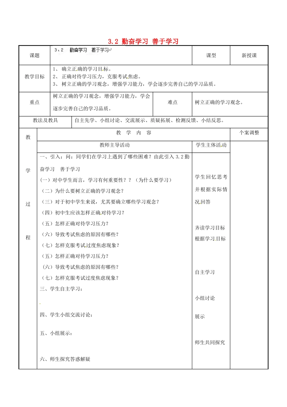 江苏省新沂市第二中学九年级政治全册 3.2 勤奋学习 善于学习教案 苏教版_第1页