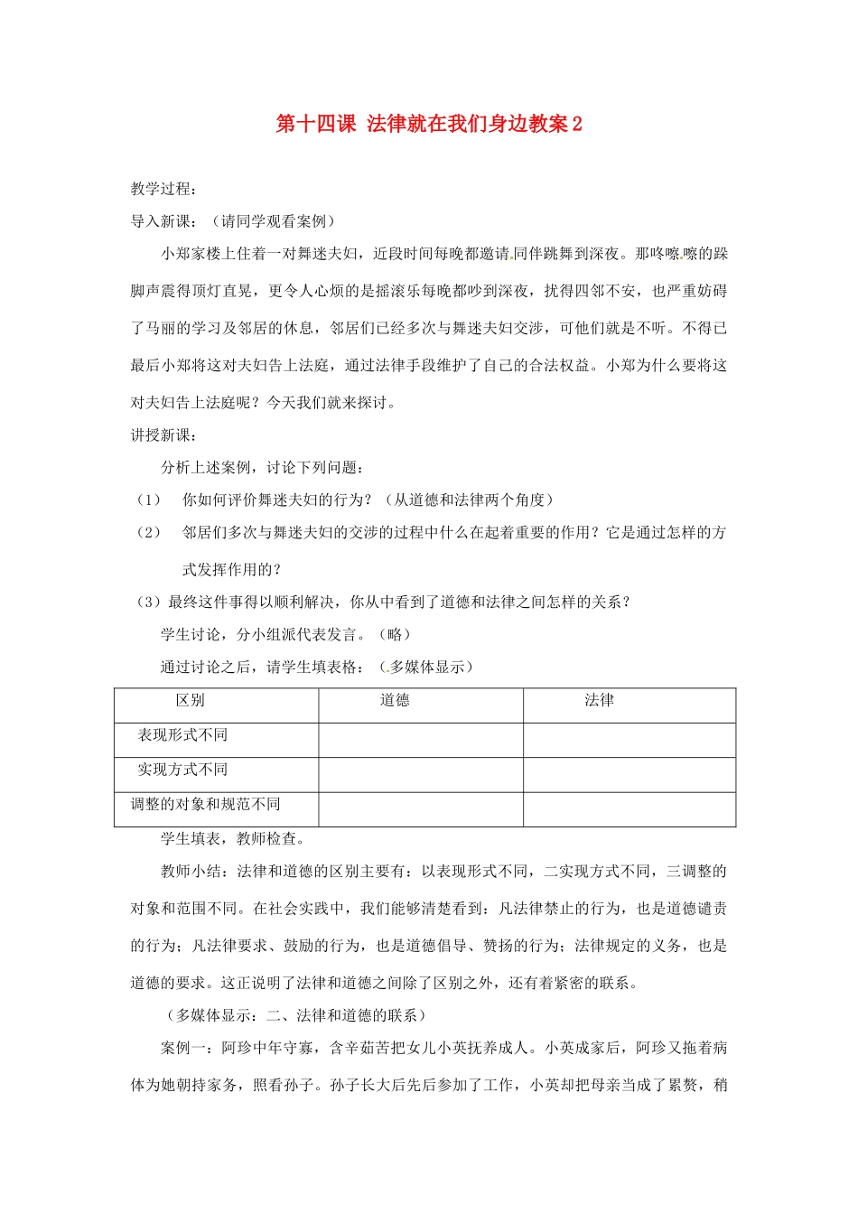 江苏省大丰市万盈二中八年级思品下册 第十四课 法律就在我们身边教案2 苏教版_第1页