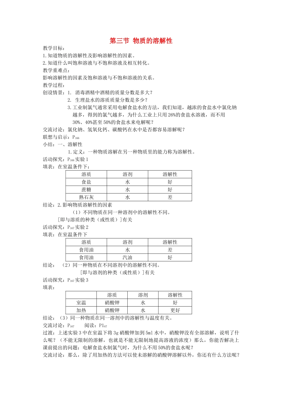 九年级化学全册 6.3 物质的溶解性教案 沪教版-沪教版初中九年级全册化学教案_第1页