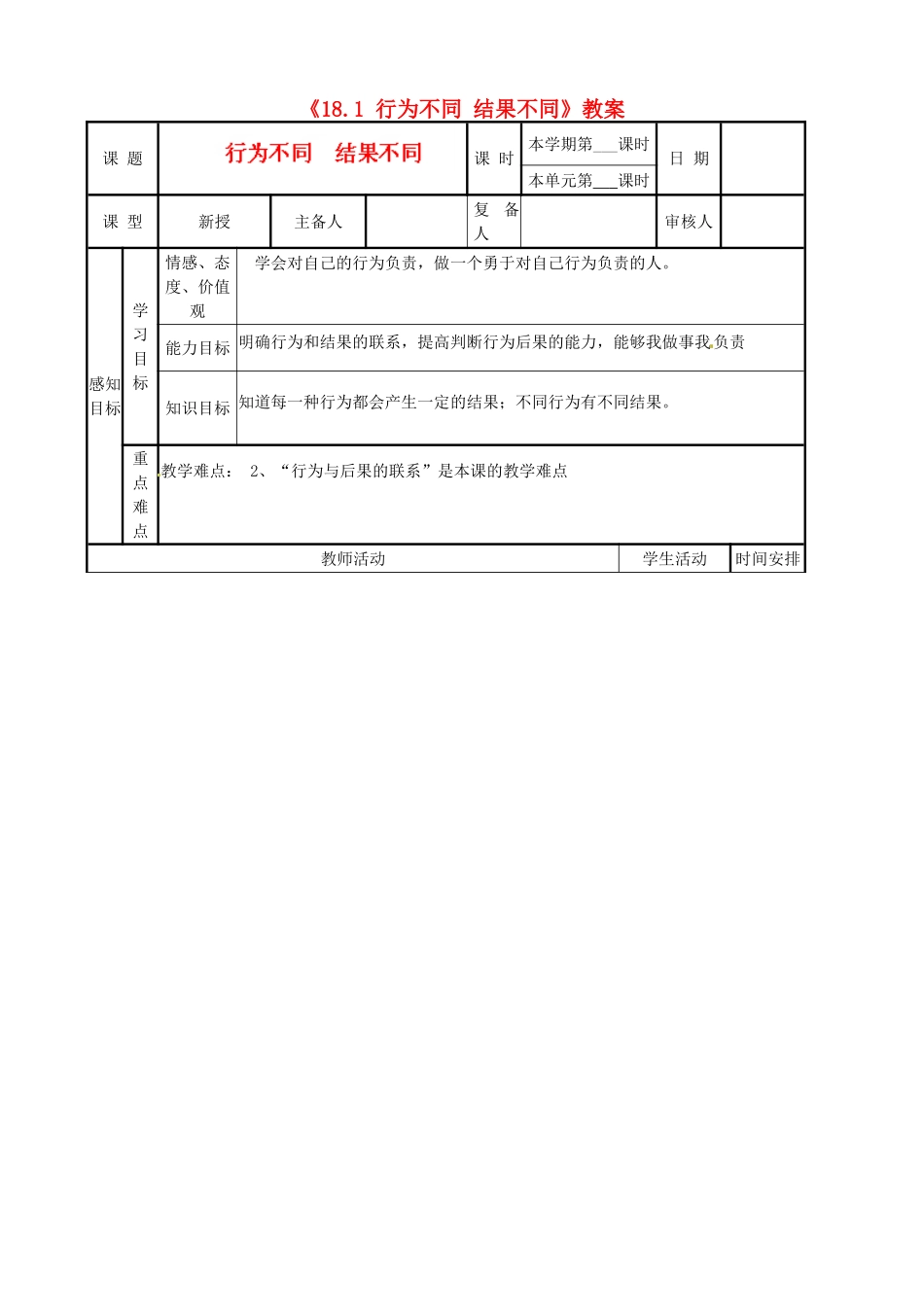 河北省辛集三中七年级政治下册《18.1 行为不同 结果不同》教案 新人教版_第1页