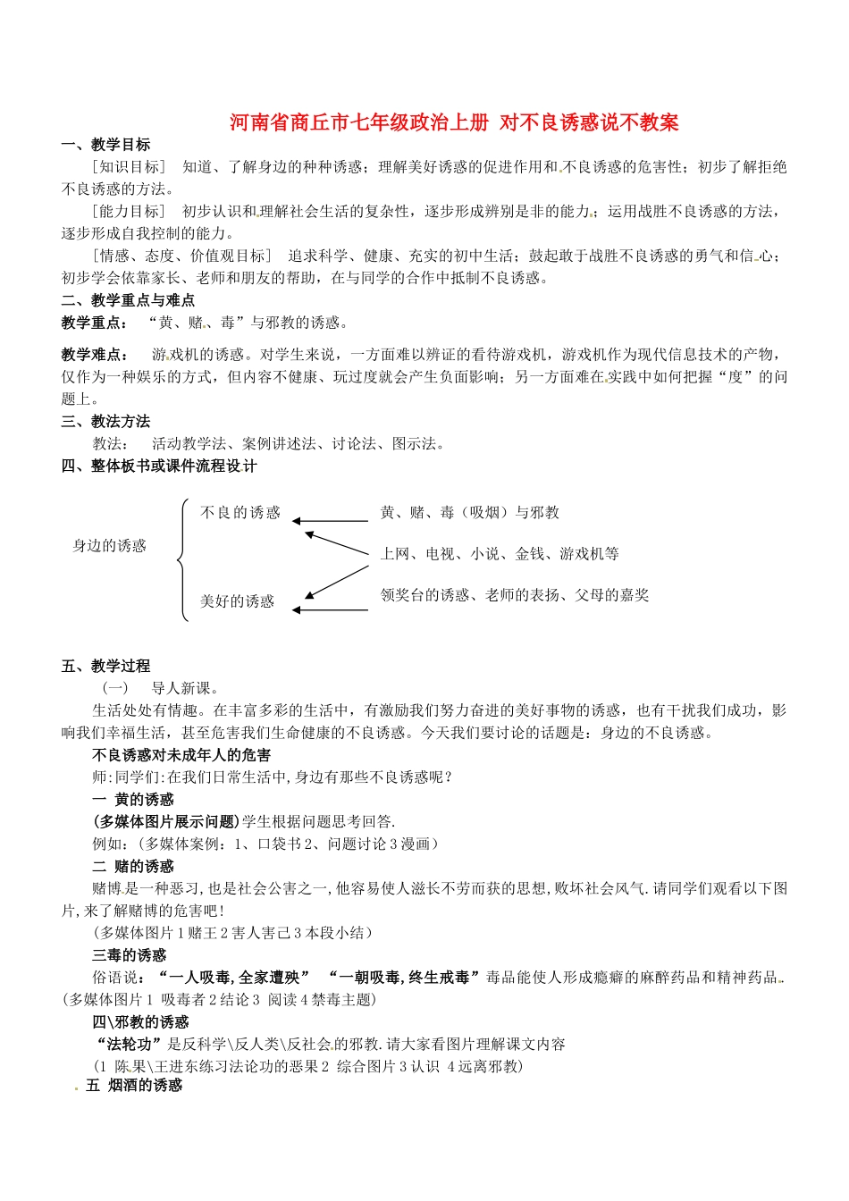 河南省商丘市七年级政治上册 对不良诱惑说不教案_第1页