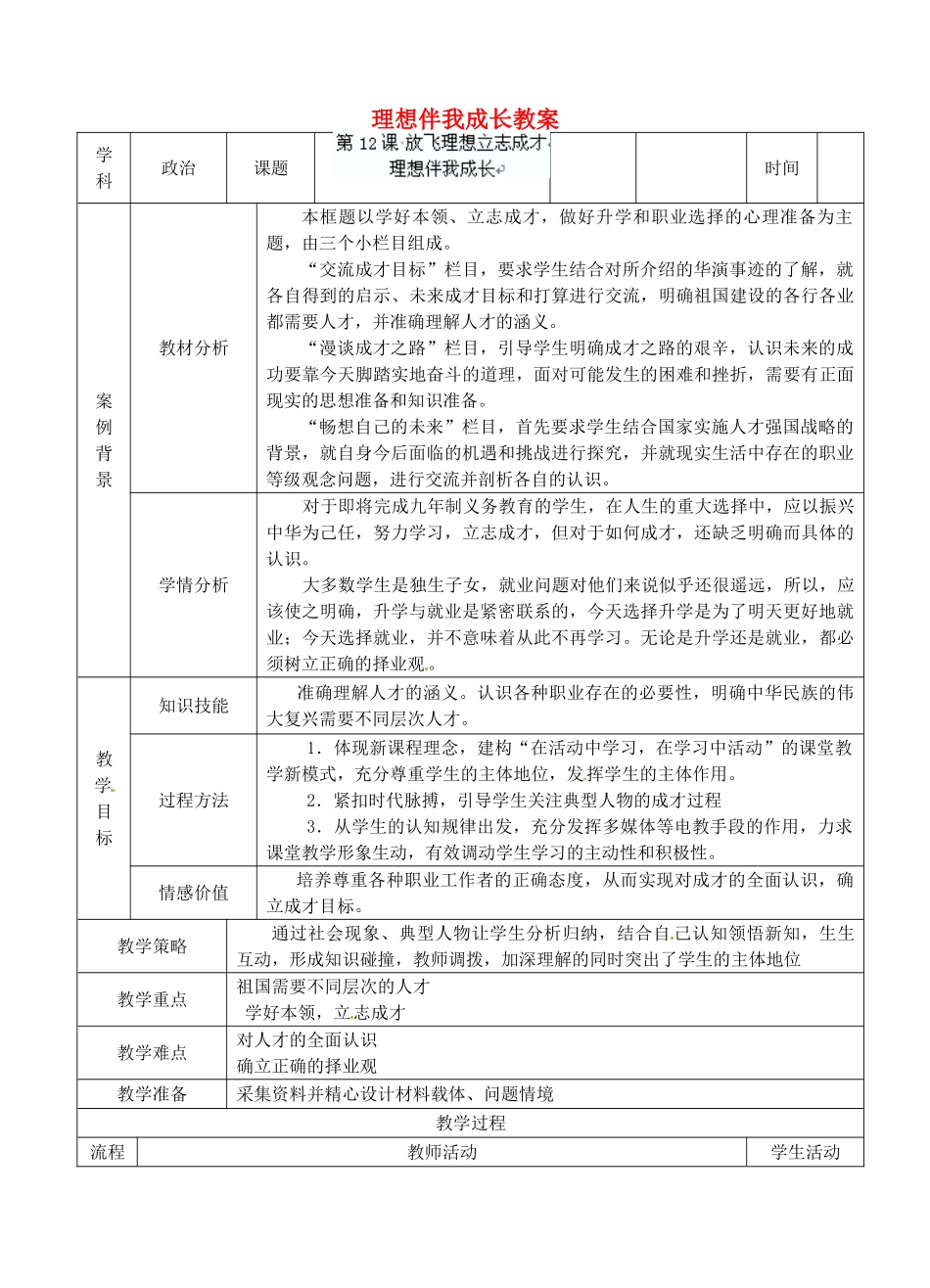 江苏省张家港市第一中学九年级政治全册 理想伴我成长教案 新人教版_第1页