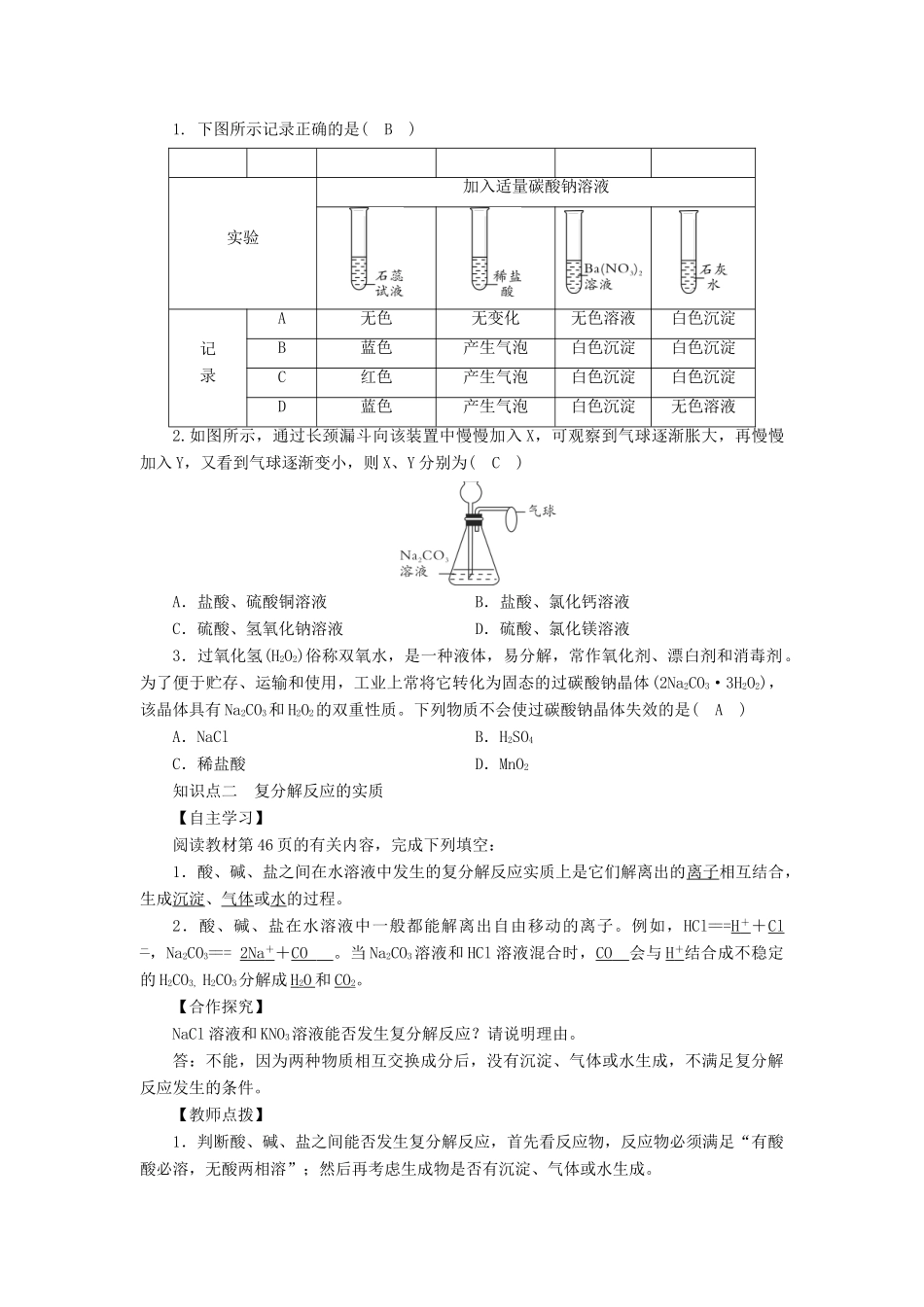 九年级化学下册 第8单元 海水中的化学 第3节 海水“制碱”第2课时 复分解反应的实质教案 （新版）鲁教版-（新版）鲁教版初中九年级下册化学教案_第2页