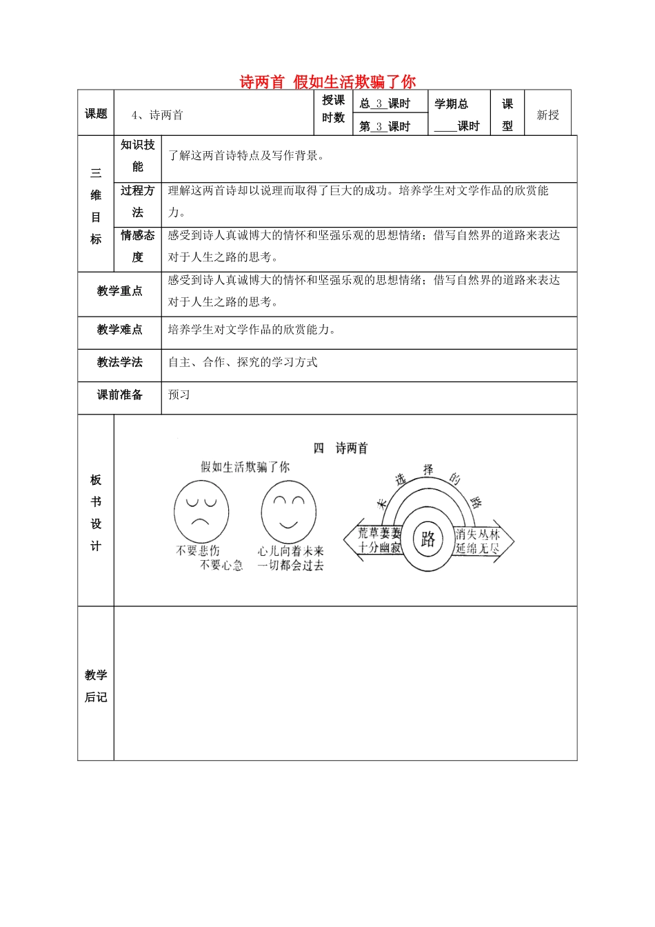 甘肃省武威市第四中学七年级语文下册 4 诗两首《假如生活欺骗了你》教案3 新人教版_第1页