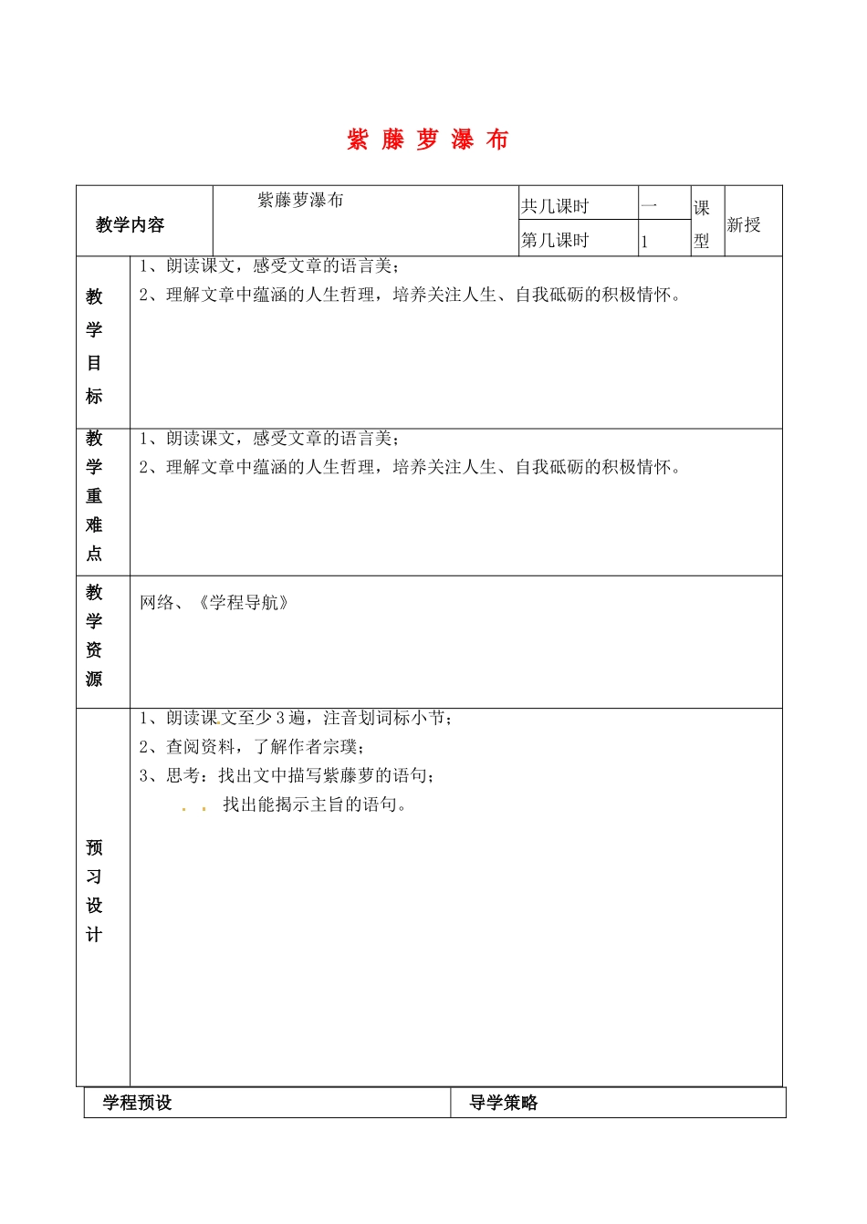 江苏省海门市城北初级中学七年级语文下册《紫藤萝瀑布》教案苏教版_第1页