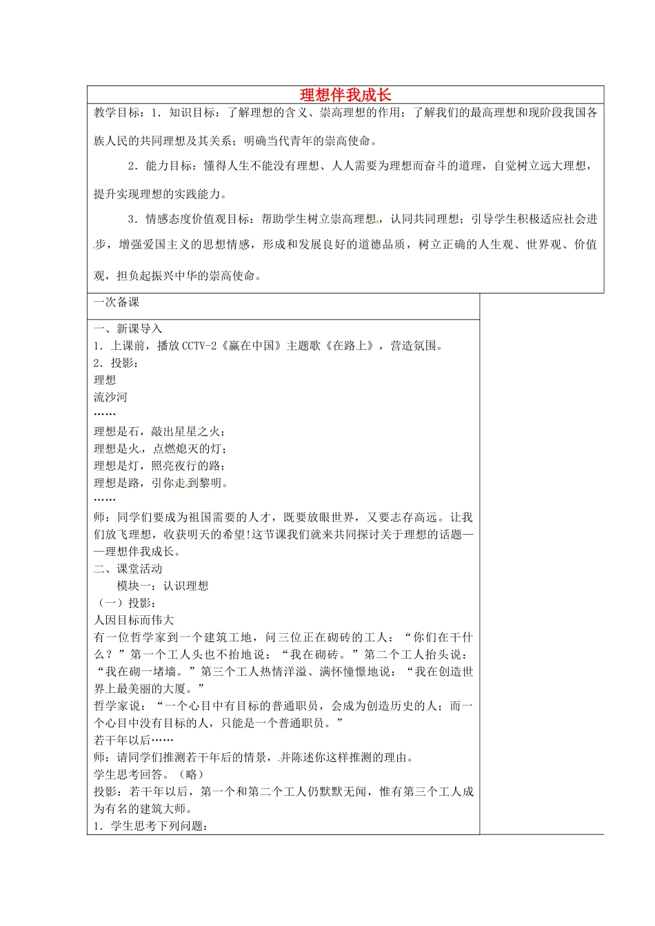 九年级政治全册 12.1 理想伴我成长教案 苏教版-苏教版初中九年级全册政治教案_第1页