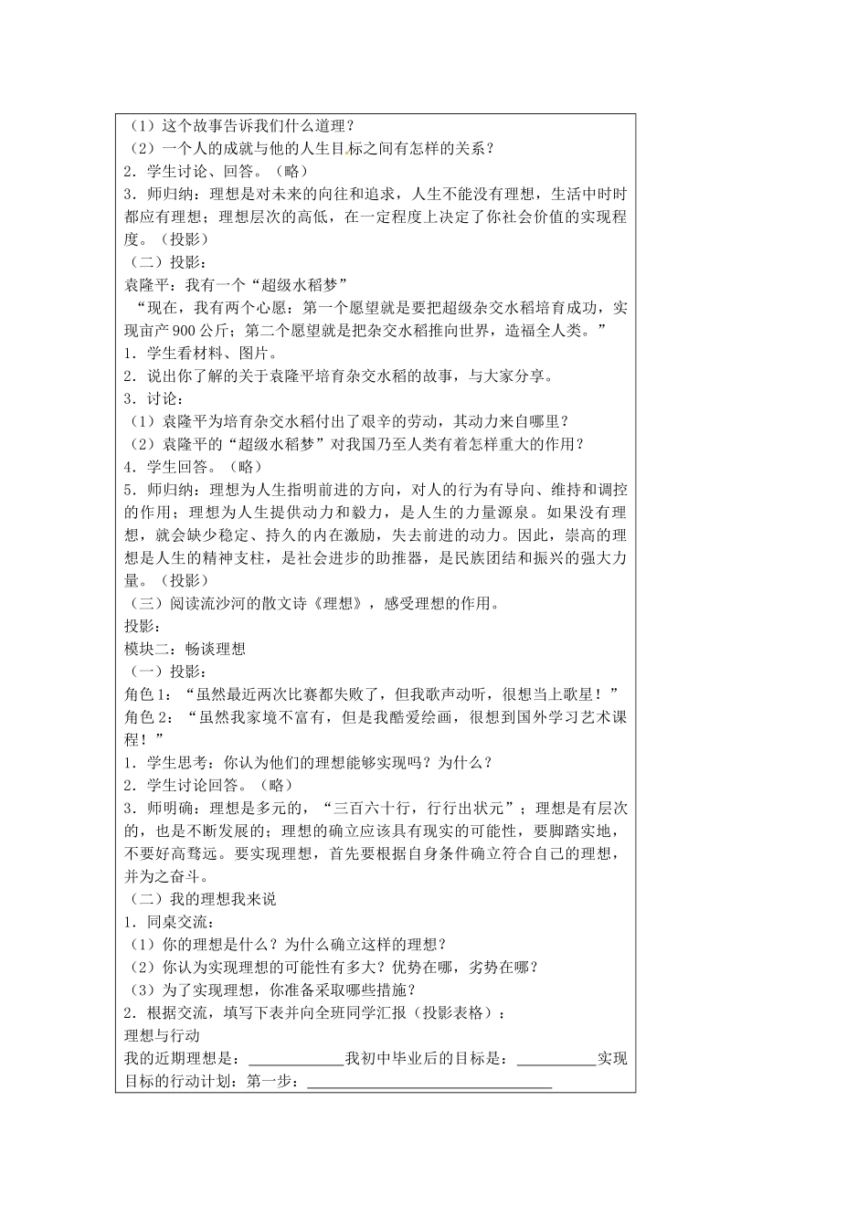 九年级政治全册 12.1 理想伴我成长教案 苏教版-苏教版初中九年级全册政治教案_第2页