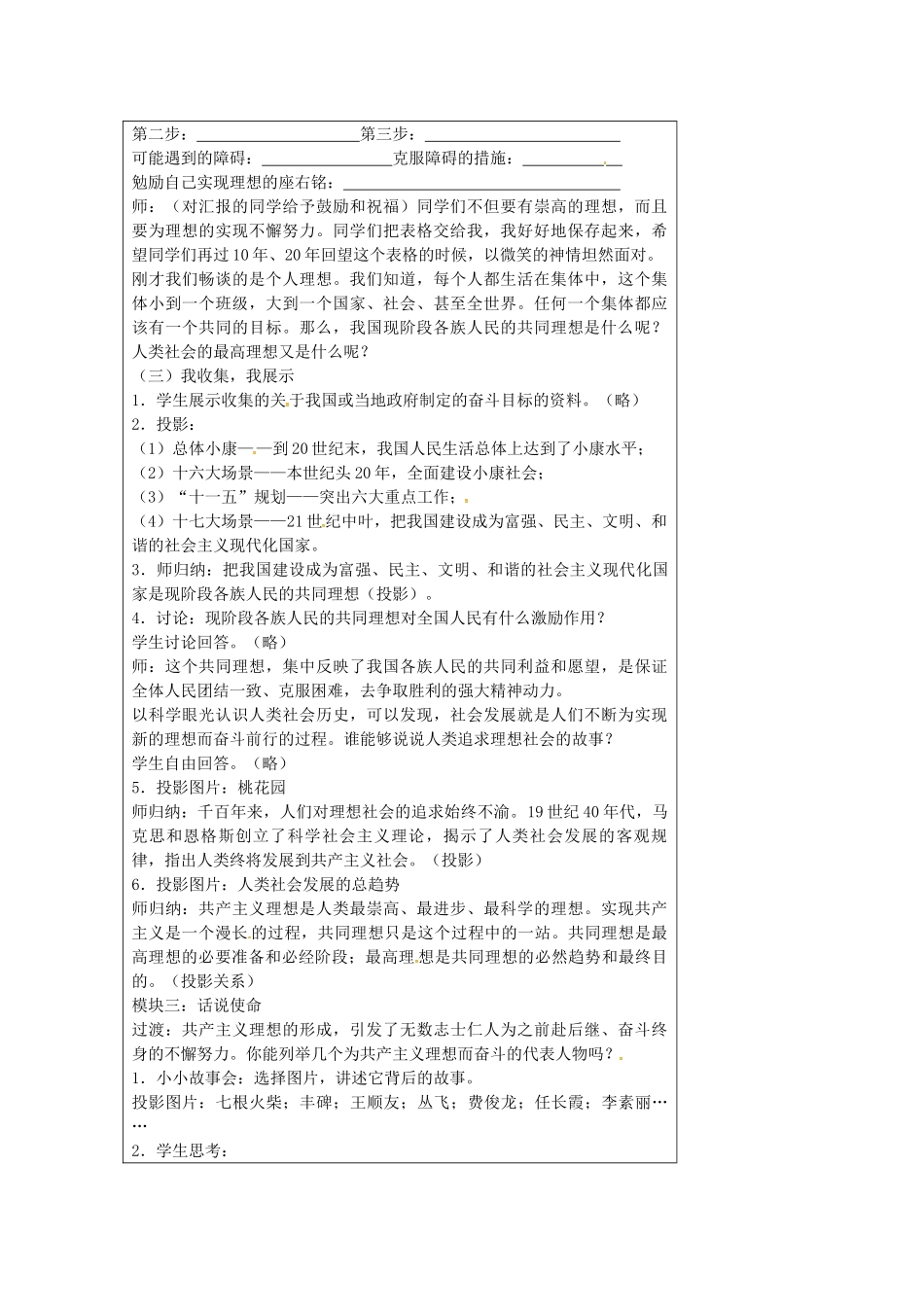 九年级政治全册 12.1 理想伴我成长教案 苏教版-苏教版初中九年级全册政治教案_第3页