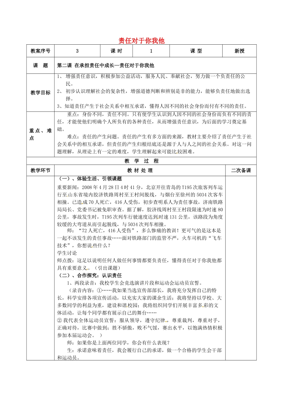 九年级政治全册 第2课 第1框 责任对于你我他教案 鲁教版-鲁教版初中九年级全册政治教案_第1页
