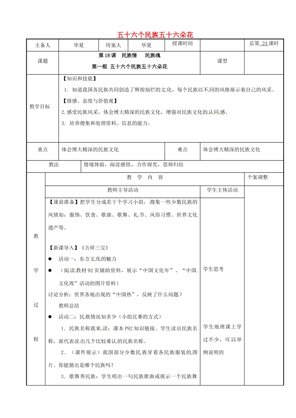 江苏省新沂市八年级政治下册 第六单元 复兴中华 第18课 民族情 民族魂 第一框 五十六个民族五十六朵花教案 苏教版-苏教版初中八年级下册政治教案_第1页
