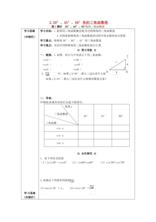 九年级数学上册 23.1.2 第1课时 30°，45°，60°角的三角函数值学案 （新版）沪科版-（新版）沪科版初中九年级上册数学学案