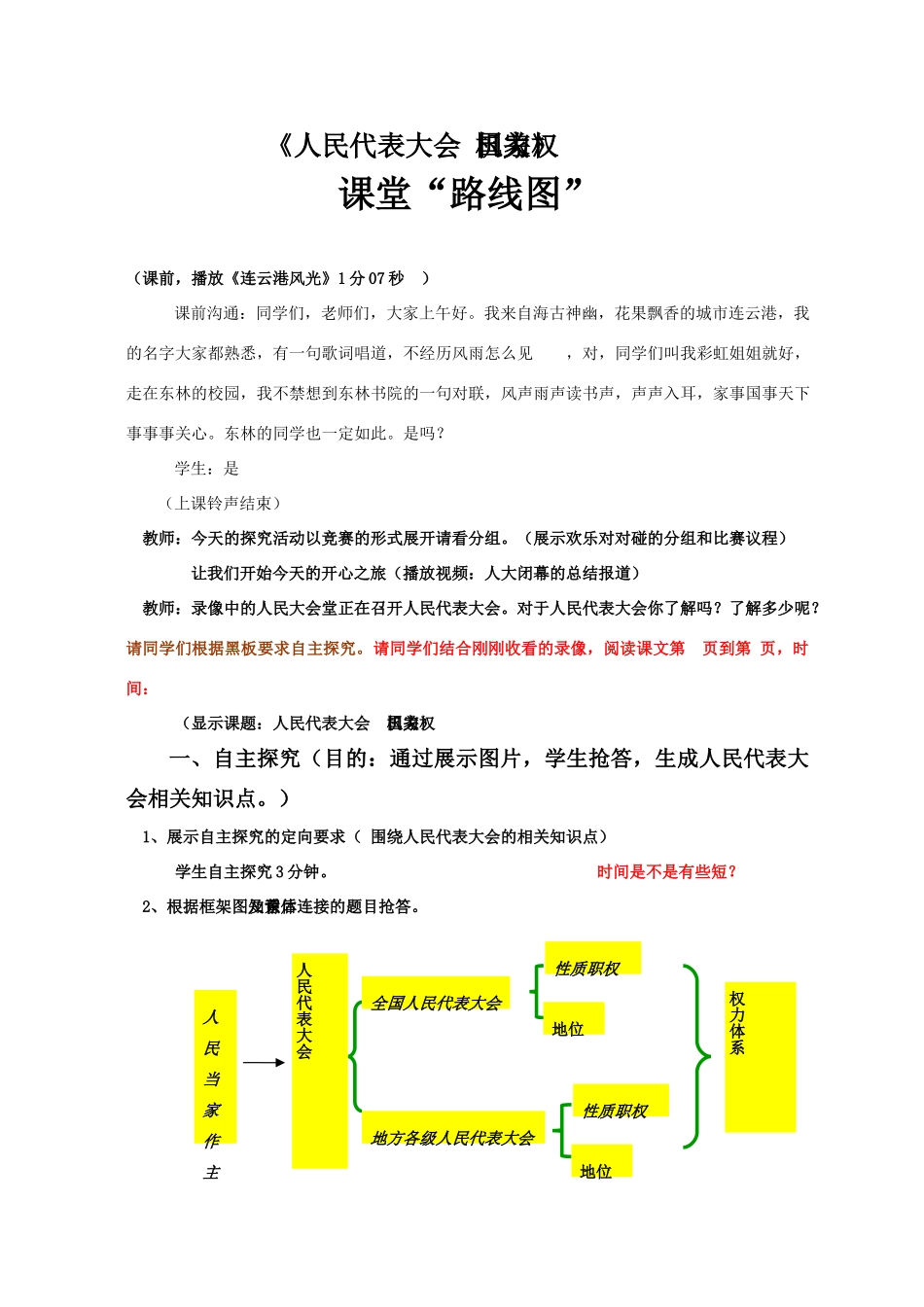 九年级政治《人民代表大会 国家权力机关》教学设计_第1页