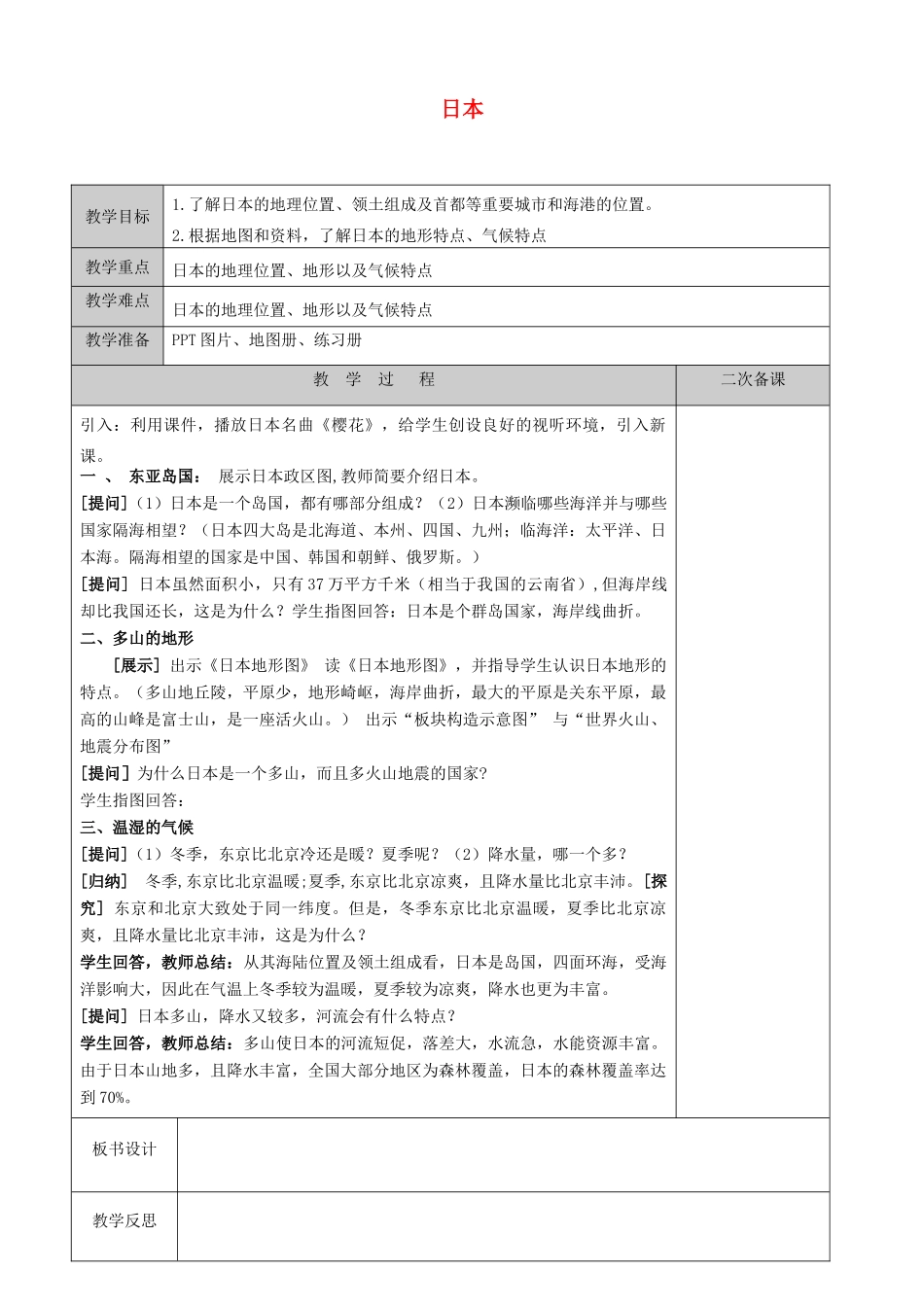 江苏省徐州黄山外国语学校七年级地理下册 8.1 日本（第1课时）教案 湘教版_第1页