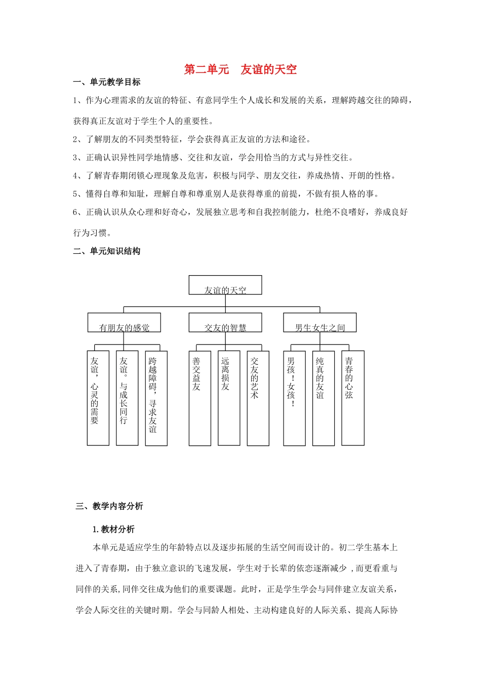 八年级政治上：第二单元 友谊的天空复习教案（教科版）_第1页