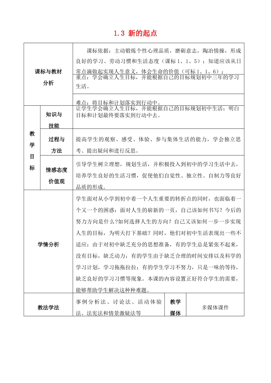 四川省自贡市汇东实验学校七年级政治上册 1.3 新的起点教案 教科版_第1页