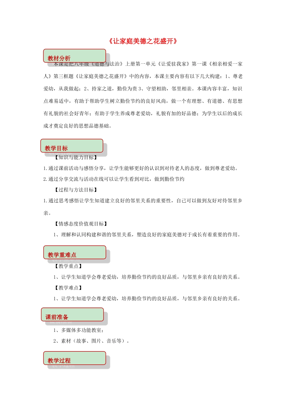 秋八年级道德与法治上册 第一单元 让爱驻我家 第1课 相亲相爱一家人 第3框 让家庭美德之花盛开教学设计 鲁人版六三制-鲁人版初中八年级上册政治教案_第1页