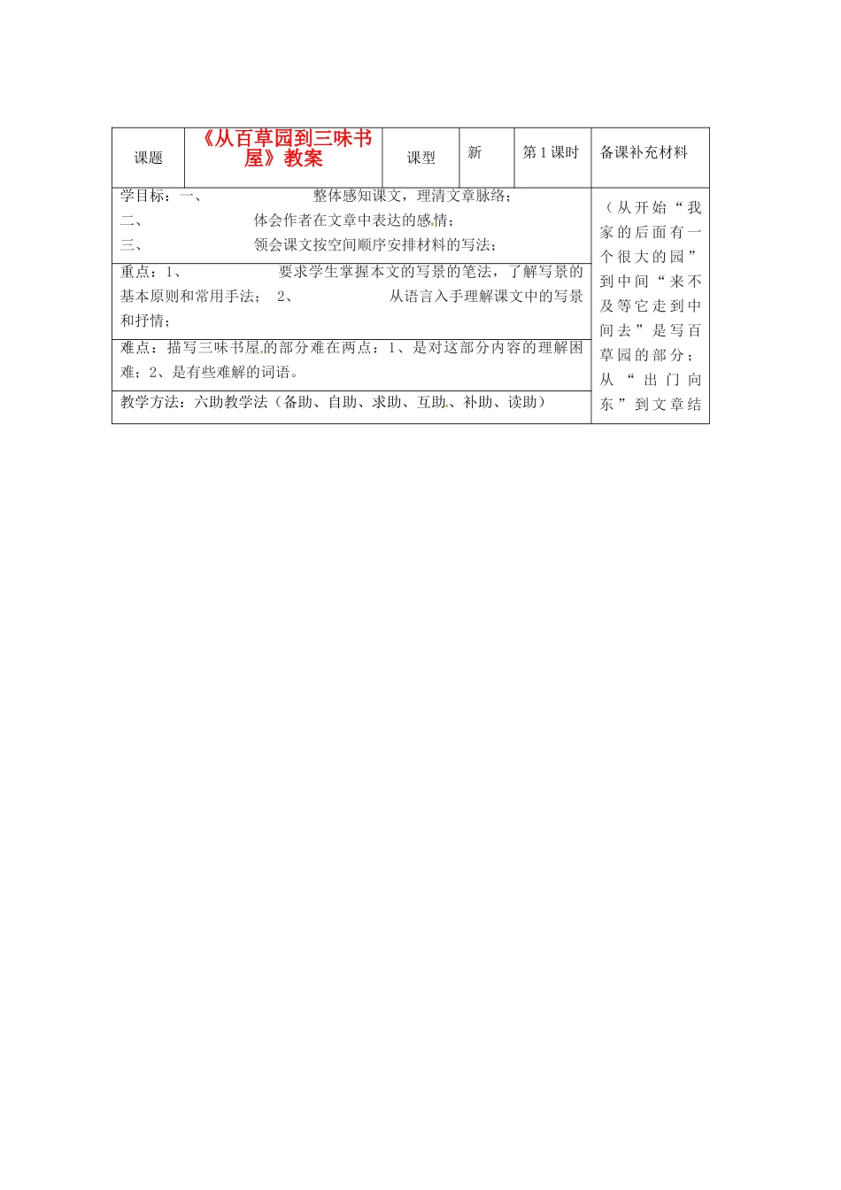 山东省济南市辛寨乡辛锐中学七年级语文下册《从百草园到三味书屋》教案1 新人教版_第1页